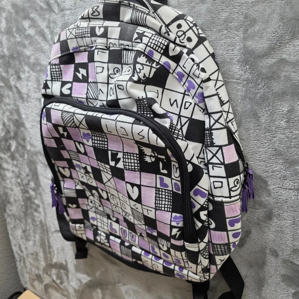 Women's Purple White Black‎ Checkered Lightweight Casual Backpack for Hiking